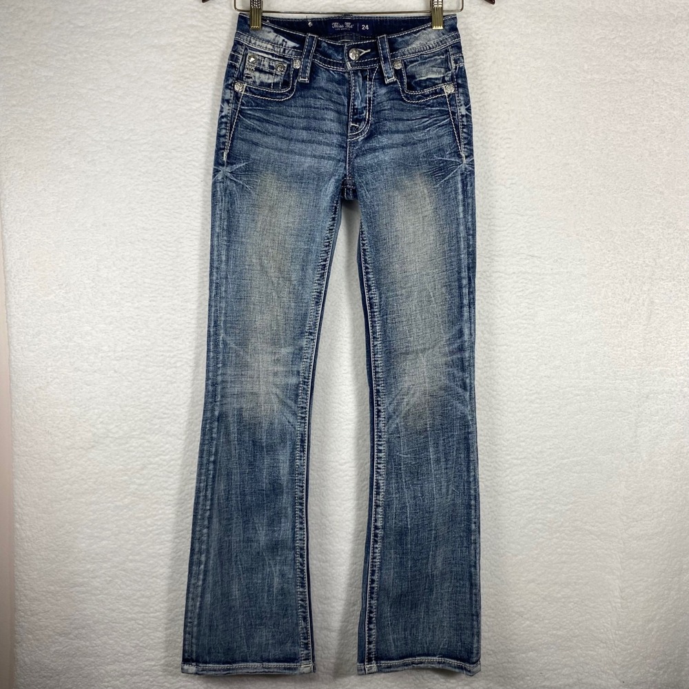 Miss Me Mid-Rise Bootcut Jeans Blue Distressed Embellished Size 24 E9508BR